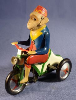 Paya Affe auf Dreirad Monkey Tricycle trike Blech tin alt windup