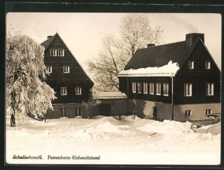 schöne AK Schellerhau, Ferienheim Hutzenhäusel im Winter