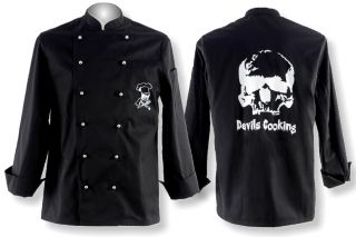 Kochjacke Devils Cooking schwarz mit Totenkopf Aufdruck auf Brust und