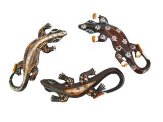 3er Set Geckos Holz Braun Asien Dekoration Figur Tier