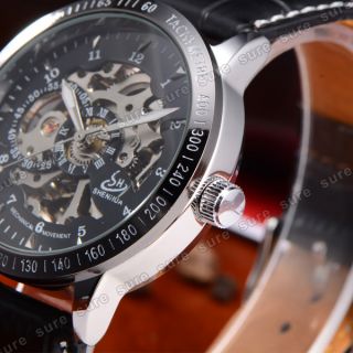 Mechanisch Skelett Herren Kunstleder Armband Uhr Armbanduhr Skelettuhr