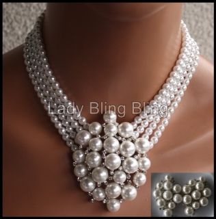 Schmuck Set Perle Collier Perlenkette Ohrringe Strass Weiß Braut