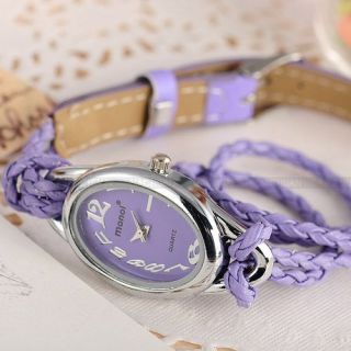 Mode Damen Quarz Watch Armbanduhr Schnur Leder Armreif Lila NEU