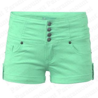Ladies High Waisted Coloured Denim Shorts Hot Pants Womens Size 6 14