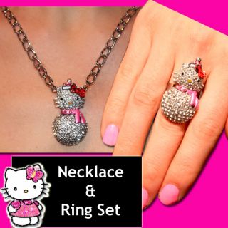 CUTE HELLO KITTY CRYSTAL SNOWMAN NECKLACE & RING SET ♡