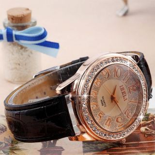 Elegante Damenuhr Kristall Quarz Uhr 6 Farben Leder Armbanruhr Watch