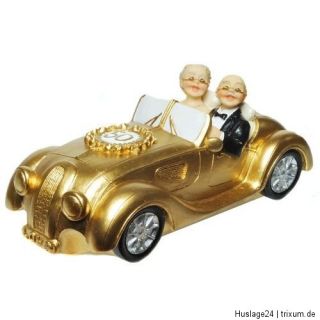 Spardose Gold Hochzeitspaar im Auto Goldhochzeit Brautpaar Sparbüchse