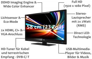 Full HD LED TV TCL L23F3300FC mit DVB C/ T, 2x HDMI & USB Multimedia