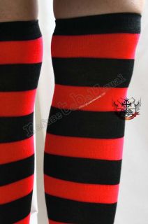 Punk Rock Goth Red Black WIDE Stripe Over Knee Stocking