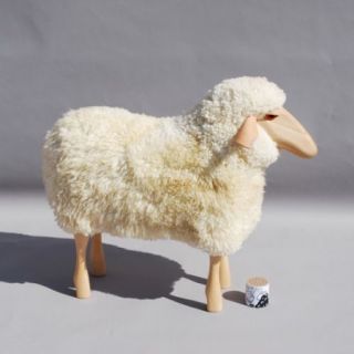 Kleines Schaf aus Holz mit echtem Fell   Handarbeit