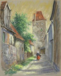 Alte Frau auf Dorfstrasse   Sehr schönes Pastell von Heinz Nehren
