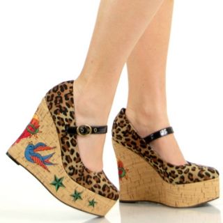 Rockabilly Tattoo Mary Jane Leopard Wedge Shoes
