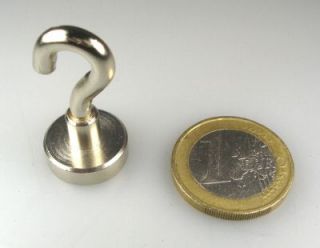 10 Neodym Magnete rund 16 mm mit Haken hält ca. 7,5 kg