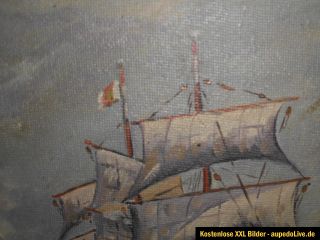 Antikes Ölgemälde / Ölbild Segelschiff Kriegsschiff? Signiert 1941