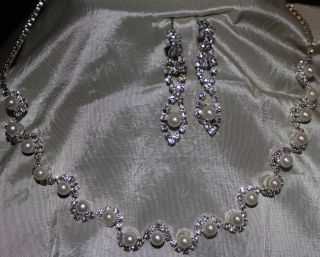 Schmuck Set Perle Kette Perlenkette Ohrringe Strass Creme Braut