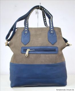 Shopper Causal Bag Henkel Tasche Handtasche Nieten taupe blau Leder
