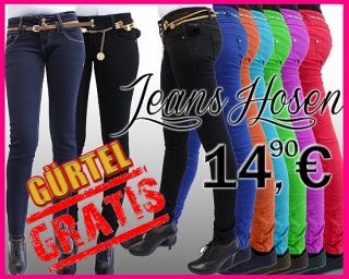 Damen Bunte Jeans Röhrenjeans Hose + GRATIS GÜRTEL Gr. XS,S,M,L,XL