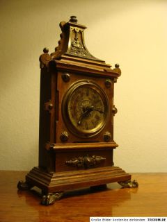 Alte Lenzkirch Uhr Wecker Jugendstil Holz Nuss Bronze Applikationen um