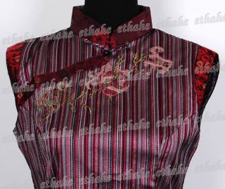 Baumwolle Streifen Qipao Mini Kleid Weinrot Gr.38 813R