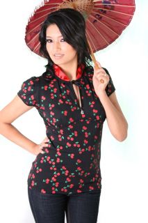Asia Cherry Kirschen Rockabilly Puffärmel Geisha shirt