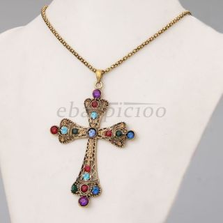 Bronze Farbig Strass Kreuz Anhänger Damenkette Halskette Kette