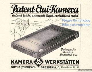 Patent Etui Kamera Werkstätten Dresden Reklame 1928 Guthe & Thorsch