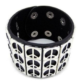 3 Row Metal Peace Sign Studded Wristband Hippie: Clothing