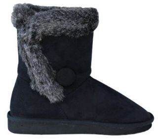 Black Button Faux Suede Fur Comfort Ankle Boots Black Size 10 Shoes