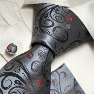 Grey Patterned Woven Silk Neckie Handkerchiefs Cufflinks