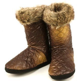 Faux Fur Quilt Indoor Boots Slippers Brown with Gold Small 5 6 Shoes