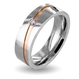 Stainless Steel Cubic Zirconia Mens Goldplated Stripe Wedding Band