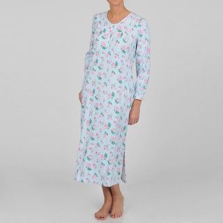 La Cera Womens Long Sleeve Flannel Rose Print Nightgown