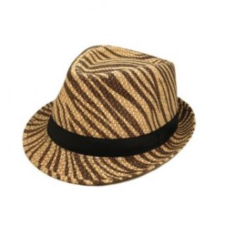 Unisex Dark Brown Zebra Print Black Band Fedora Straw Hat