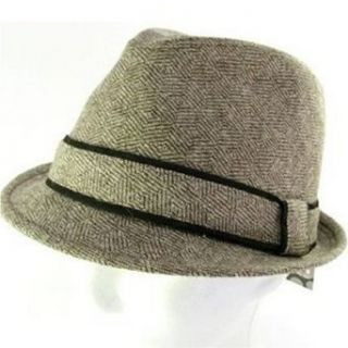 New Wool Check Herringbone Stingy Fedora Trilby Hat Brown