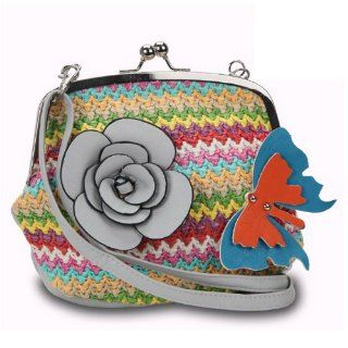 Handbag with Multi Colored Woven Straw Front & Flower Grey Shoes