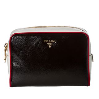 Prada Womens Vernice Black and White Saffiano Leather Cosmetic Bag