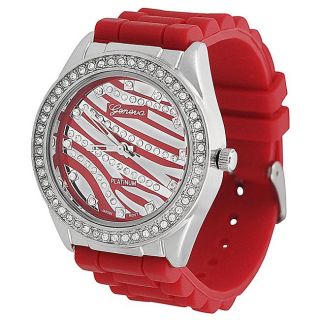 Geneva Womens Platinum Cubic Zirconia lined Red Silicone Watch