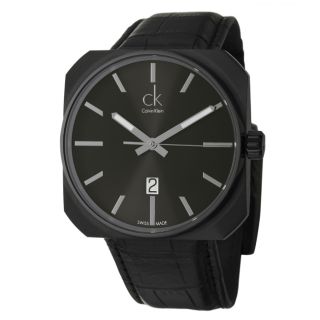 Calvin Klein Mens Solid Black Stainless Steel and Leather Strap