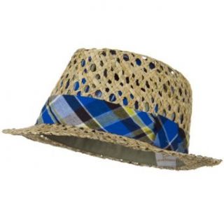 Plaid Trim Straw Fedora Hat   Blue Band W20S64E Clothing