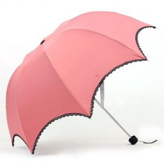 Pink Arched Umbrella With Black Lace Trim, Anti UV Sun