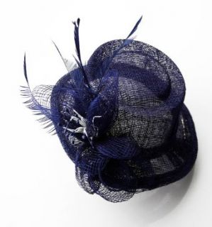 Ladies Navy Blue Mesh Flower Feather Hat Fascinator