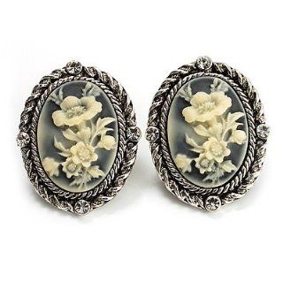 Antique Silver Floral Cameo Clip On Earrings Jewelry