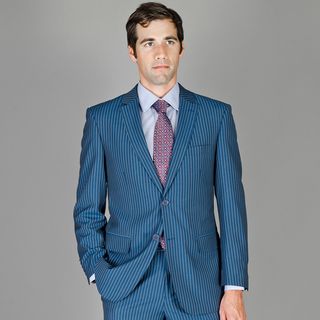 Bertolini Mens Blue Stripe Wool and Silk Blend Suit