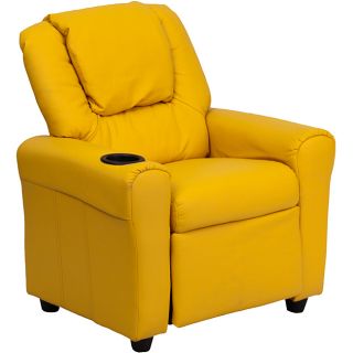 Contemporary Yellow Vinyl Kids Recliner with Cup Holder and Headrest