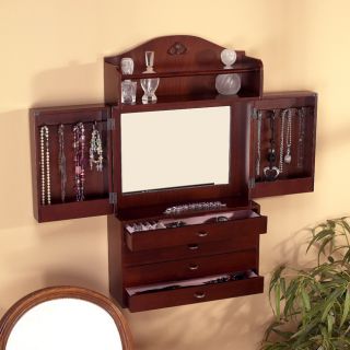 Brown MDF Wall mount Jewelry Armoire with Mirror (16.5 x 5.6 x 29)