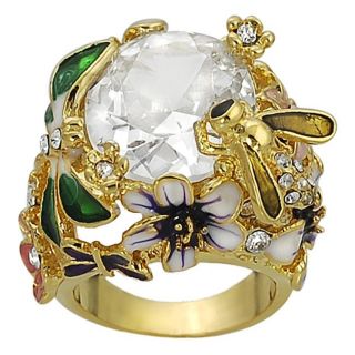 Goldtone Cubic Zirconia Flower, Dragonfly and Bee Cocktail Ring