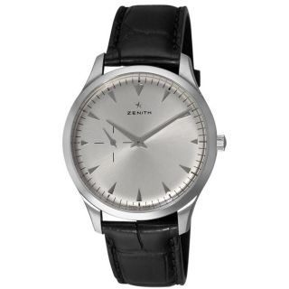 Zenith Mens Elite Ultra Thin Silver Dial Leather Strap Watch