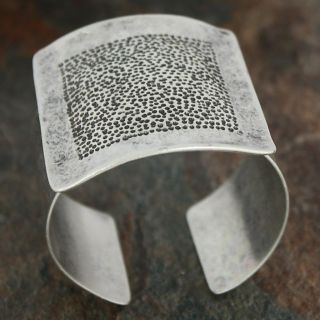 Silverplated Pewter Hammered Concave Square Cuff Bracelet (Turkey