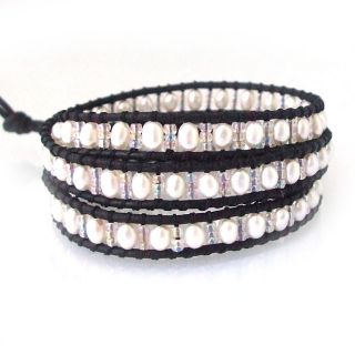 Pure Romance Freshwater White Pearl 3 Wrap Leather Bracelet (Thailand)