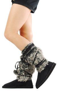 Melody156a Strap Fur Flat Mid Calf Boots BLACK Shoes
